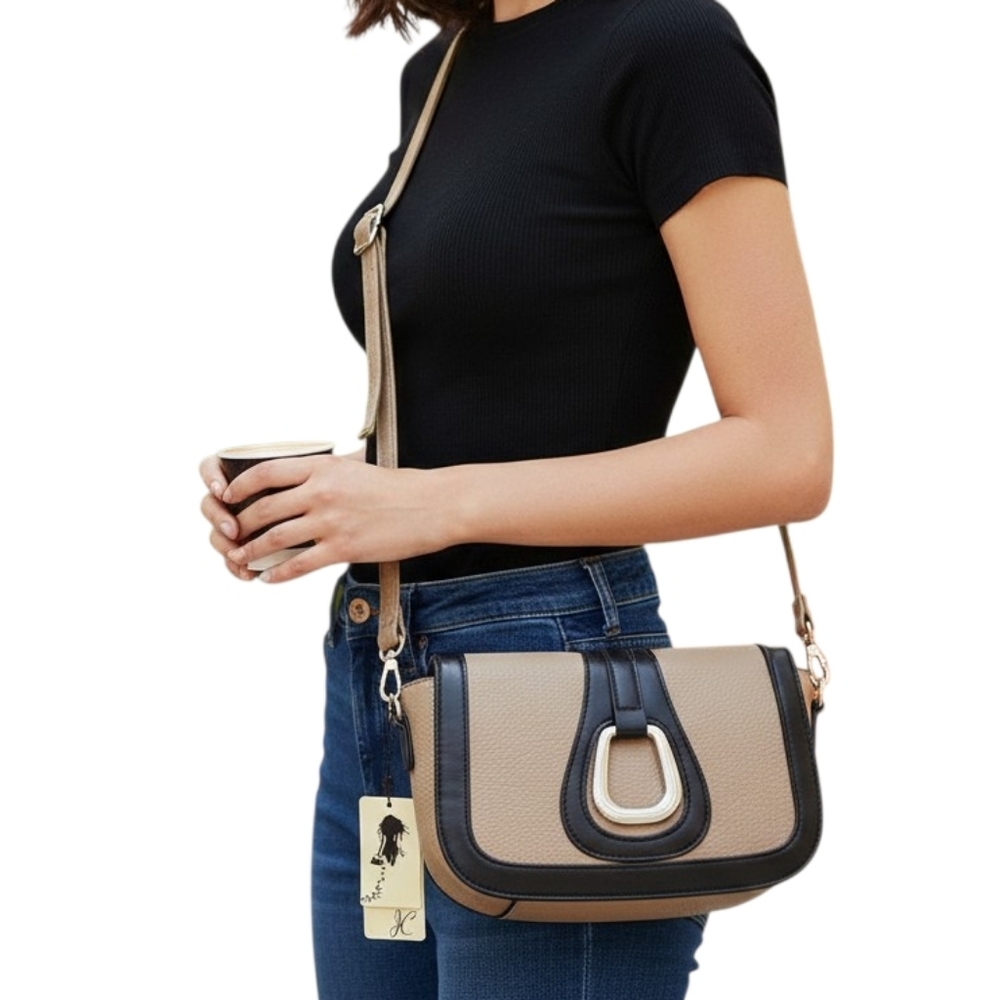 Taupe and Black Fold Over Flap Pebbled Crossbody Purse